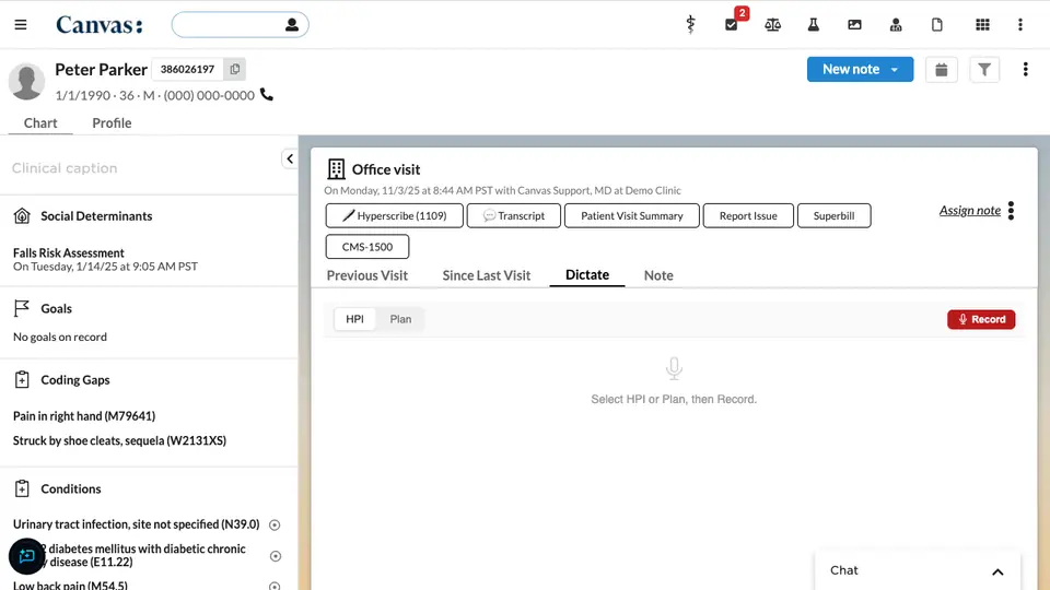 The Dictate tab in an open note, ready to record.