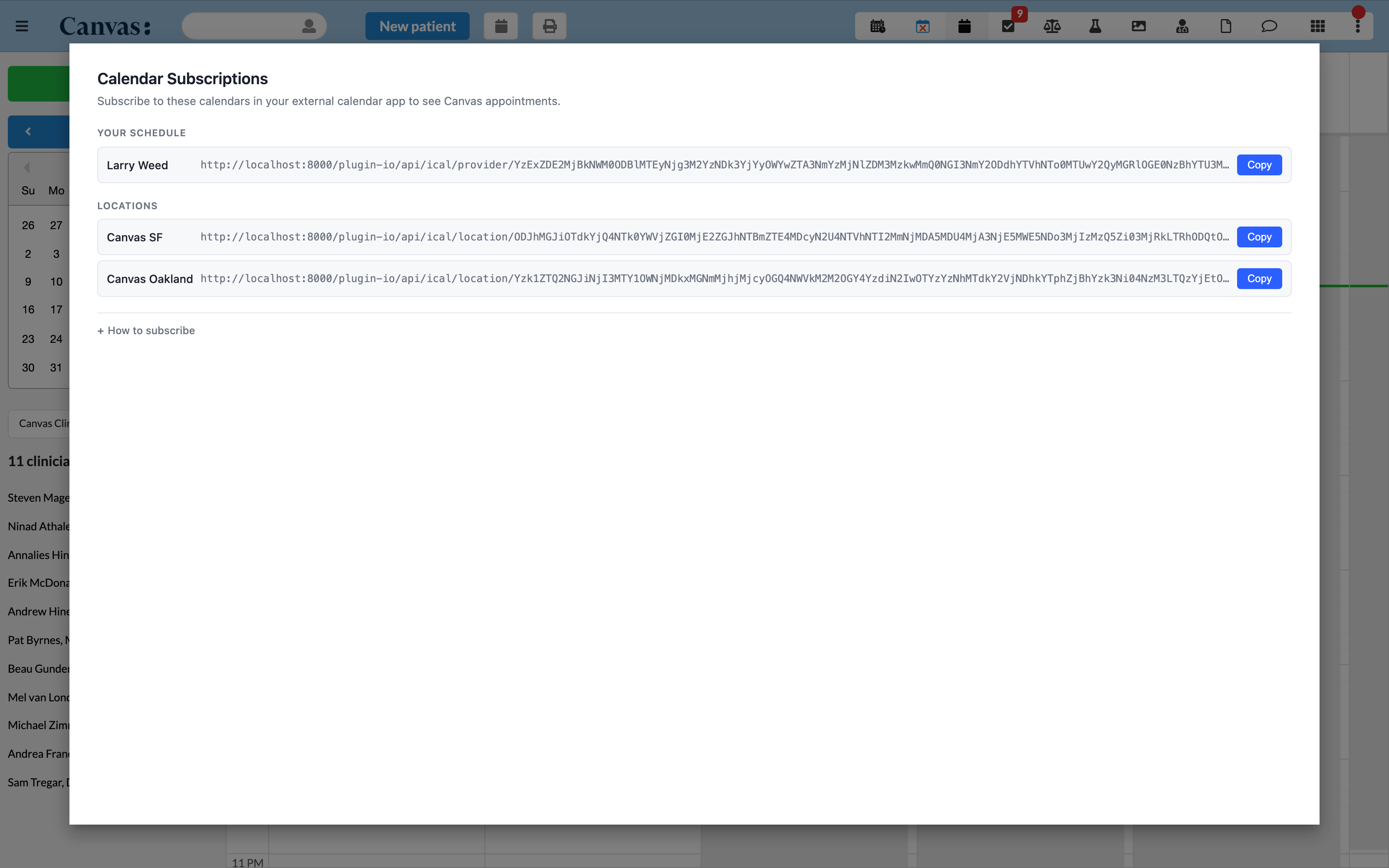 The subscription list, a personal feed and one feed per practice location, each with its own Copy button.