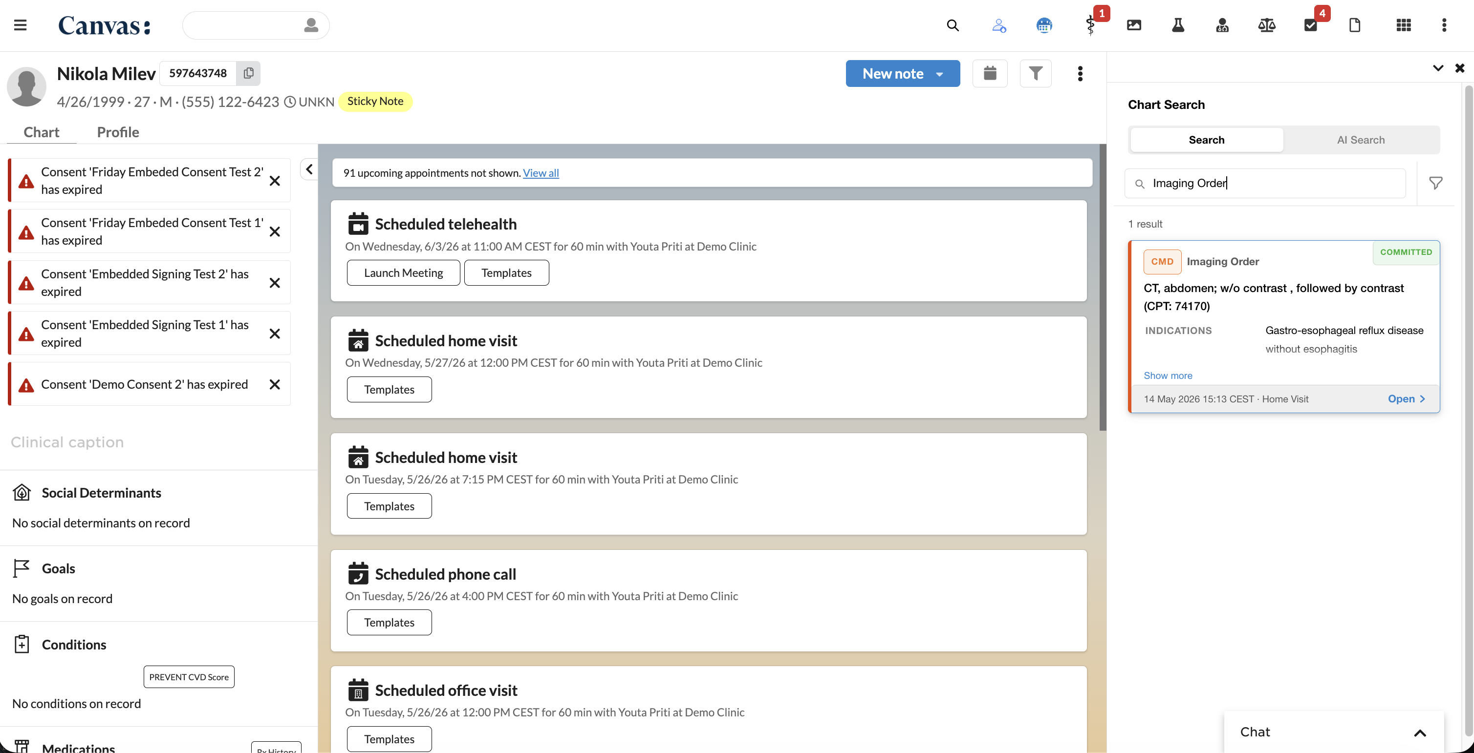 Keyword search surfaces matching chart entries - here an imaging order - in the chart panel.