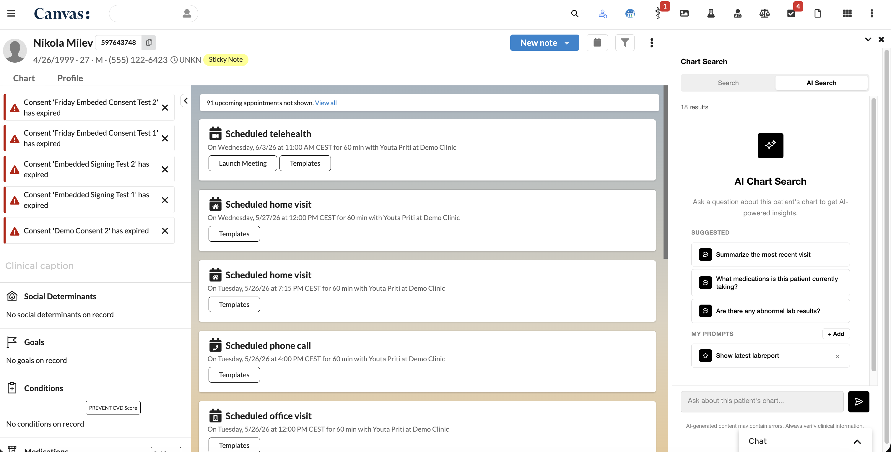 The AI search home screen with suggested and personal prompts.