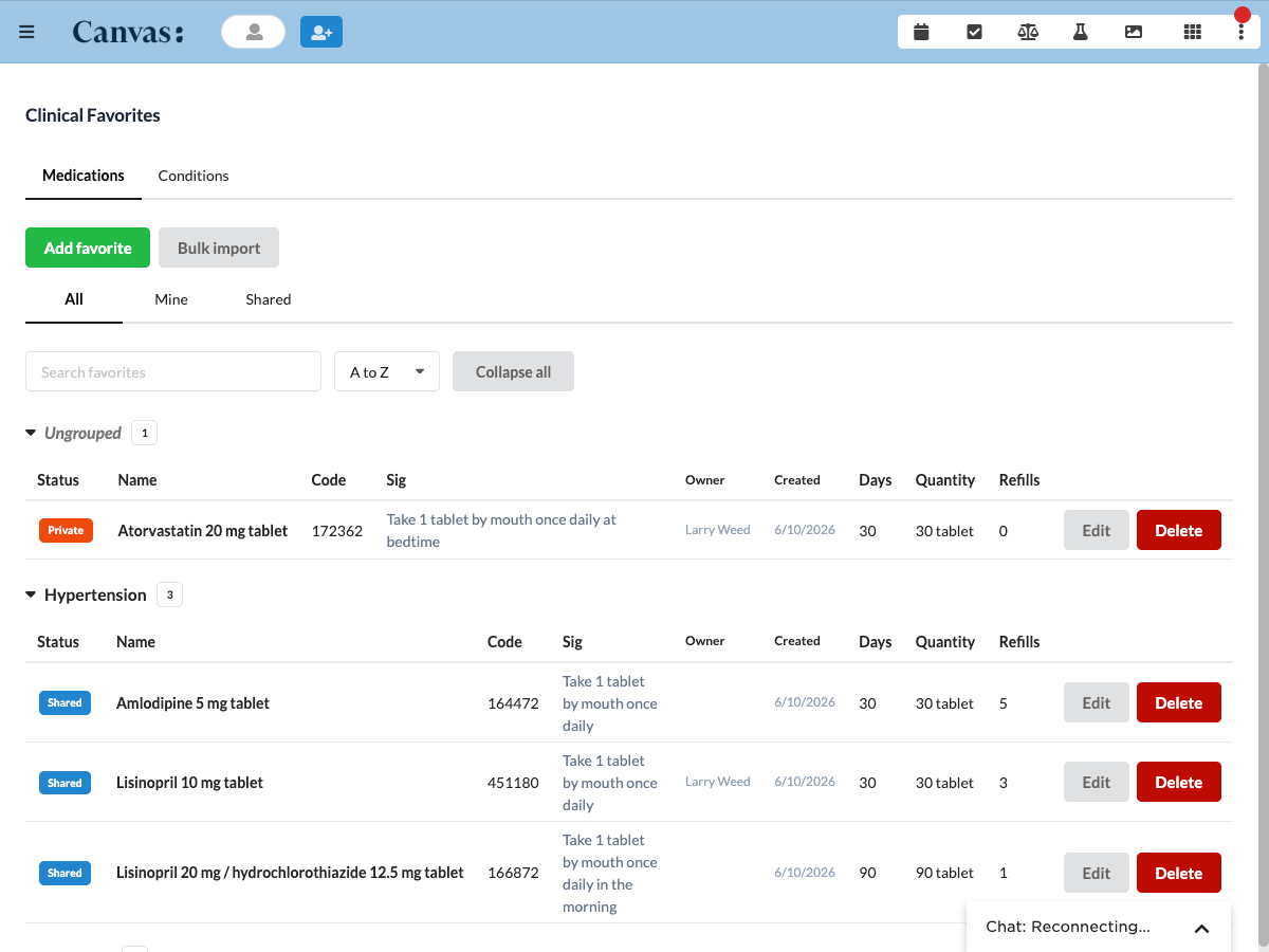 The Clinical Favorites management page, with medication favorites grouped and filtered by shared, private, and personal scope.