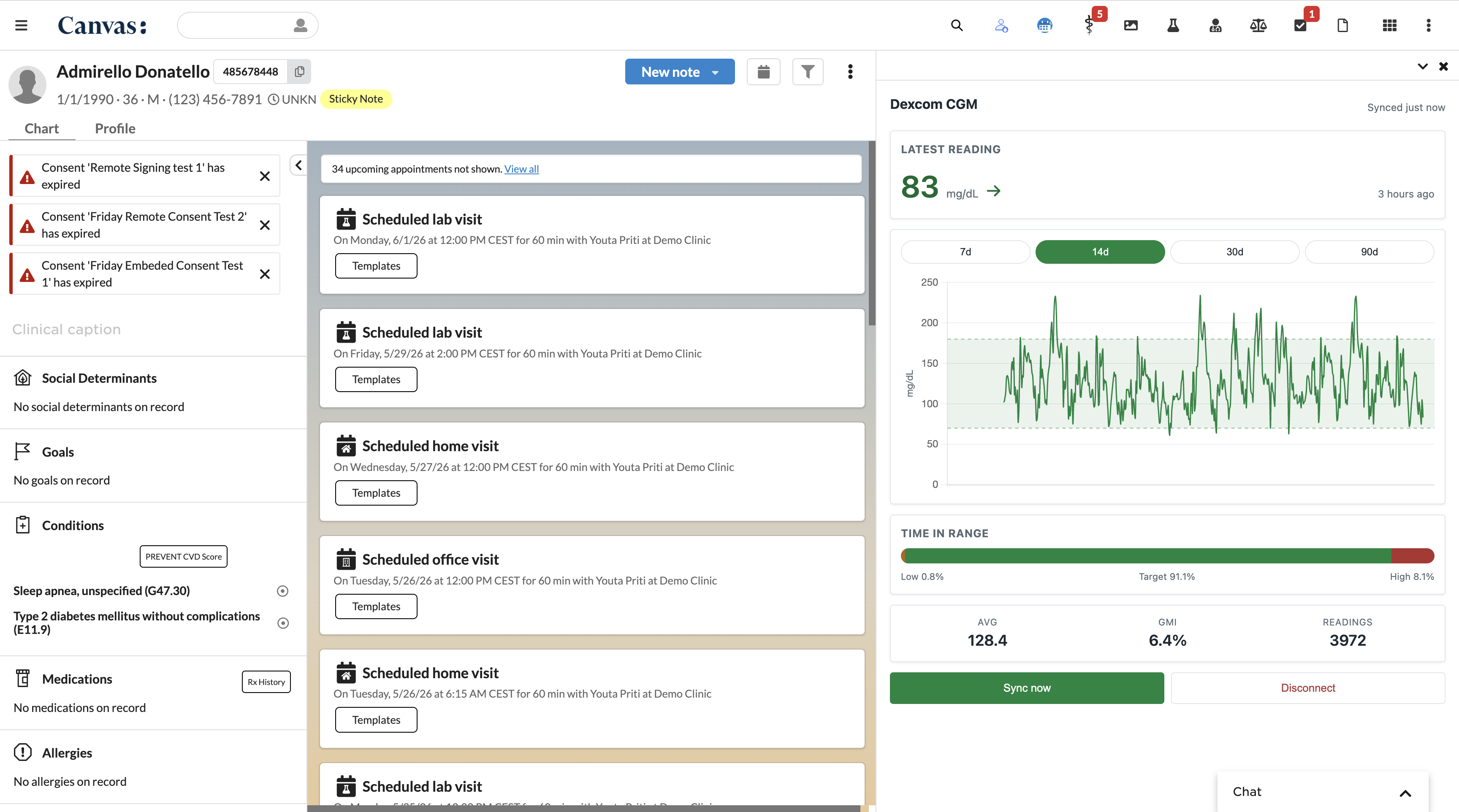 A patient's synced glucose data in the chart, the latest reading, a fourteen day trace, time in range, and average glucose across nearly four thousand readings.