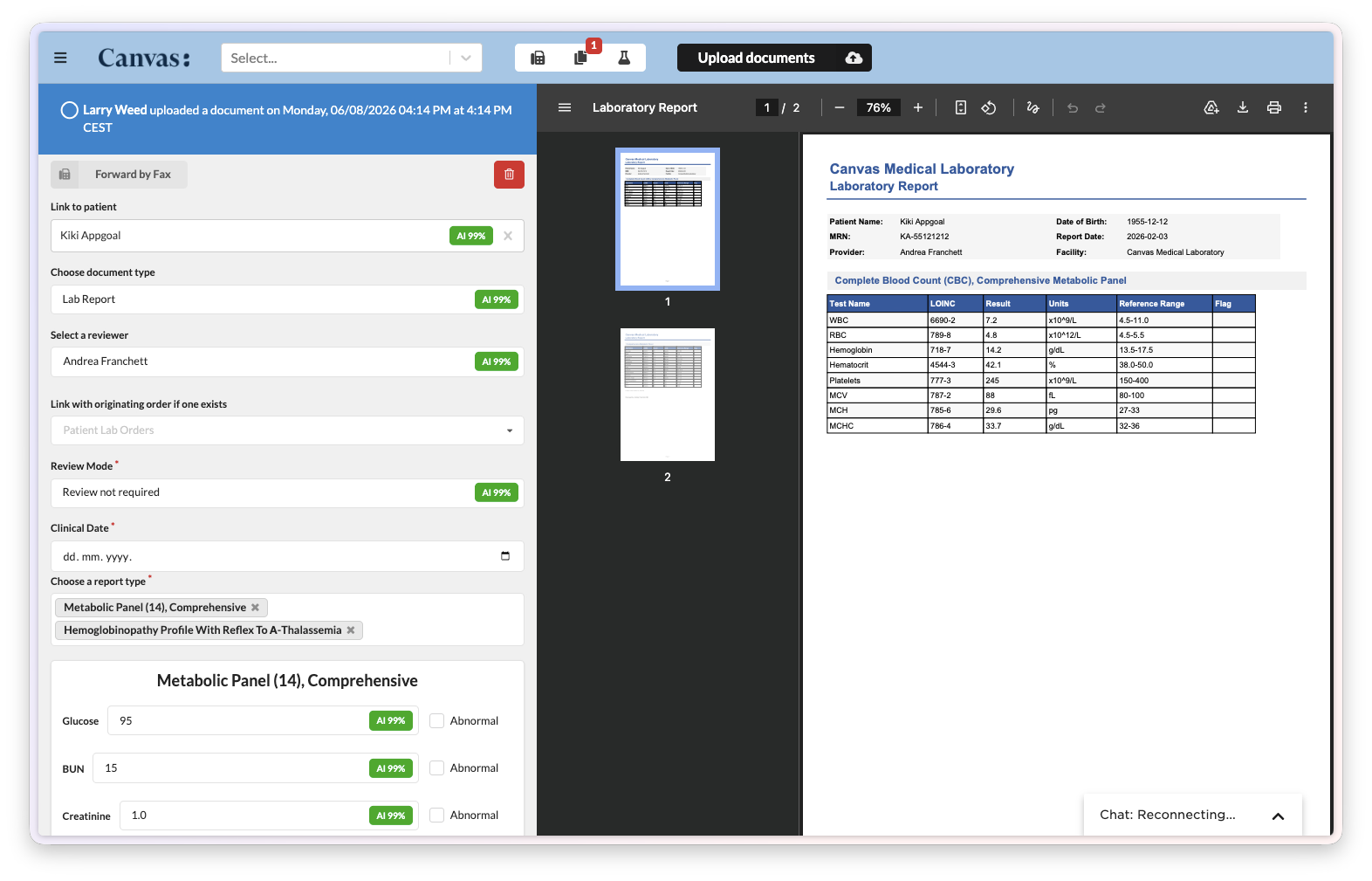 An inbound lab report with the intake form prefilled from the document, each field carrying an AI confidence badge next to the original.