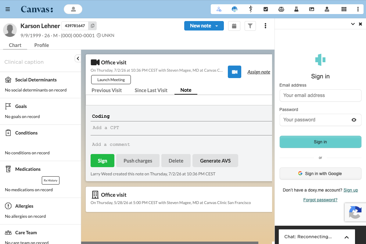 The doxy.me sign-in page open in the right chart pane, launched from the Launch Meeting button in the telehealth note header.
