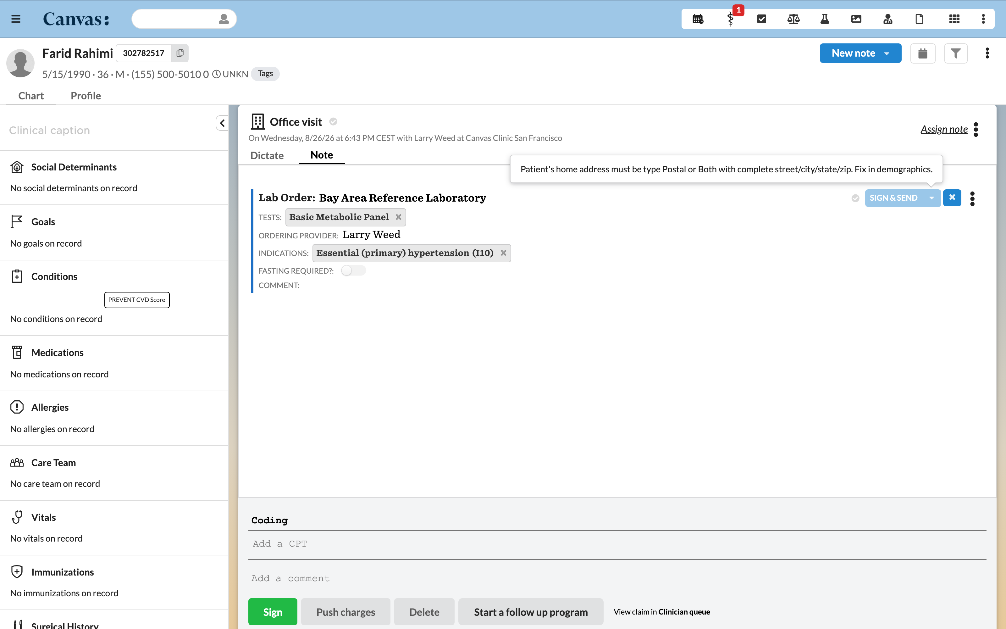 Sign and Send blocked on a lab order, with the rule's message naming the missing field.