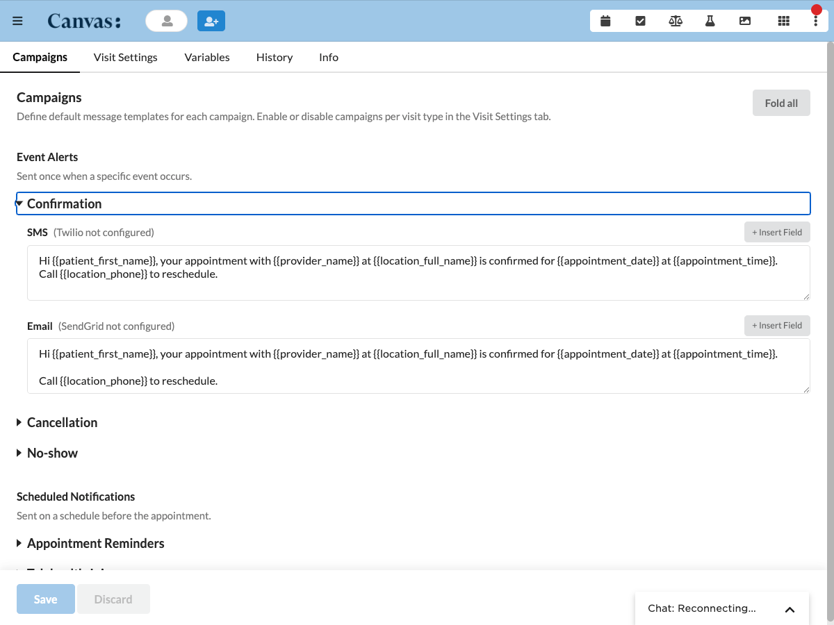 The admin app editing the SMS and email templates for the confirmation campaign, with dynamic patient and appointment fields.
