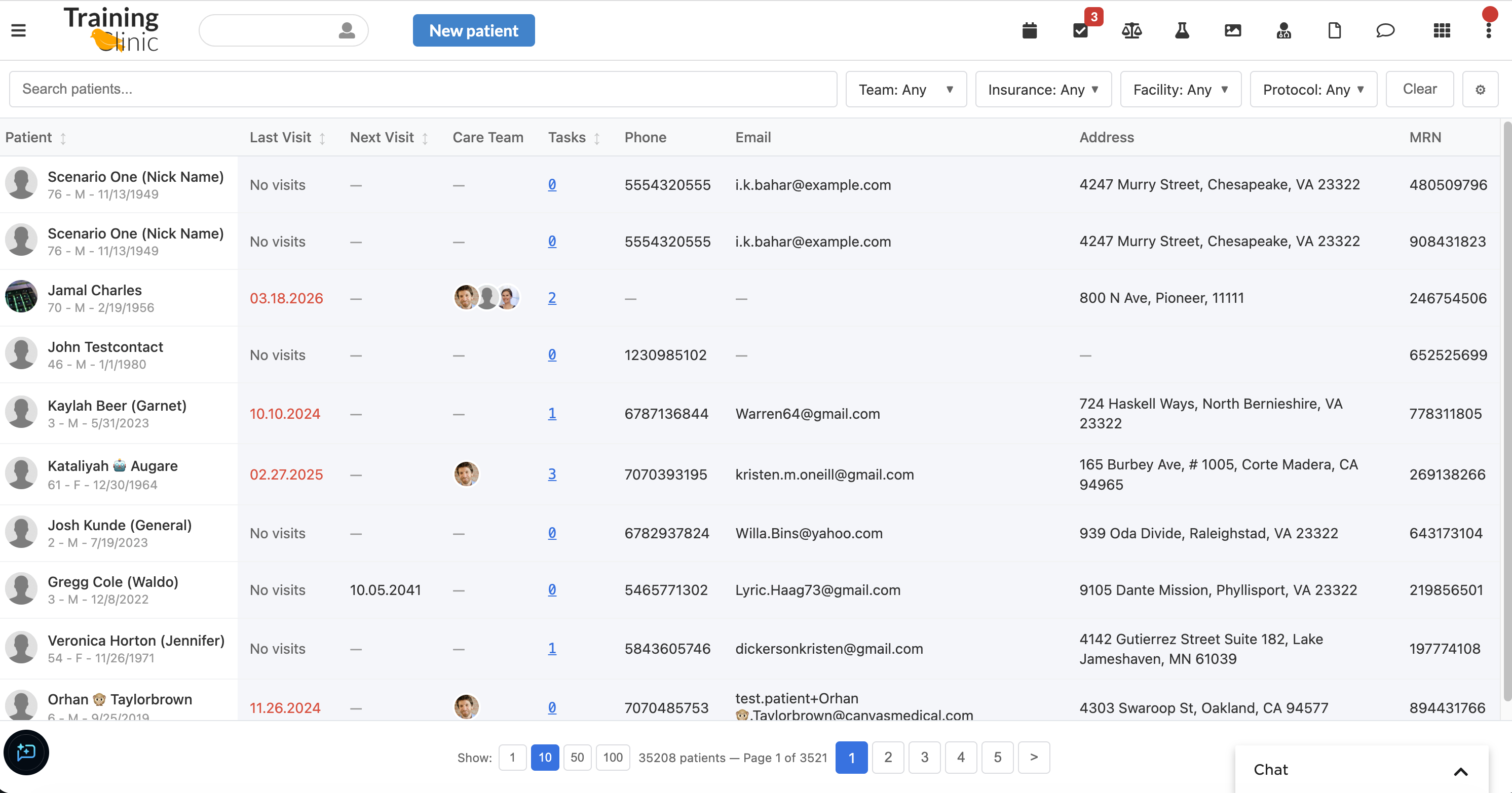 The patient roster with the filter bar (care team, insurance, facility, protocol), search, and per-column sorting.