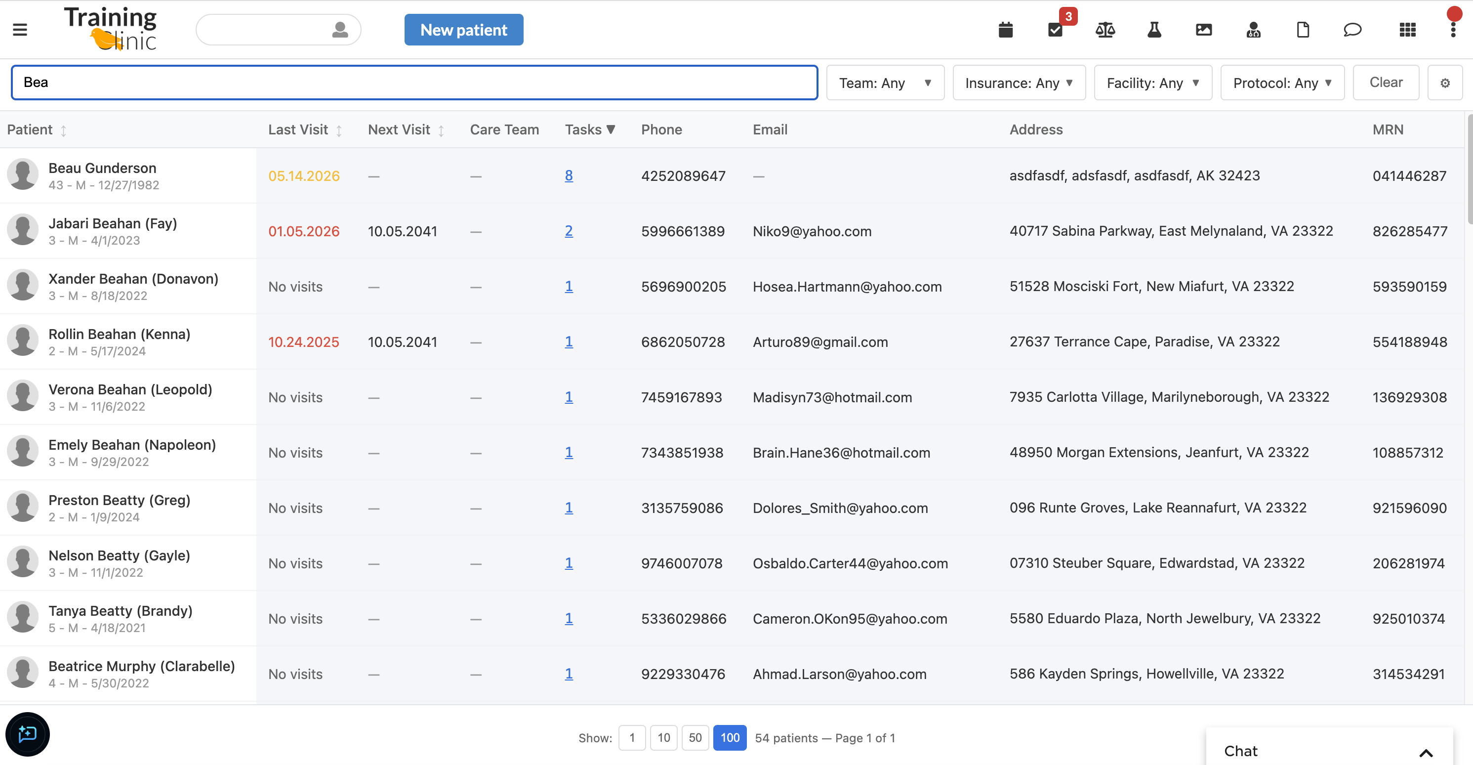 Filter the roster by patient name and sort by any sortable column (here, open tasks).