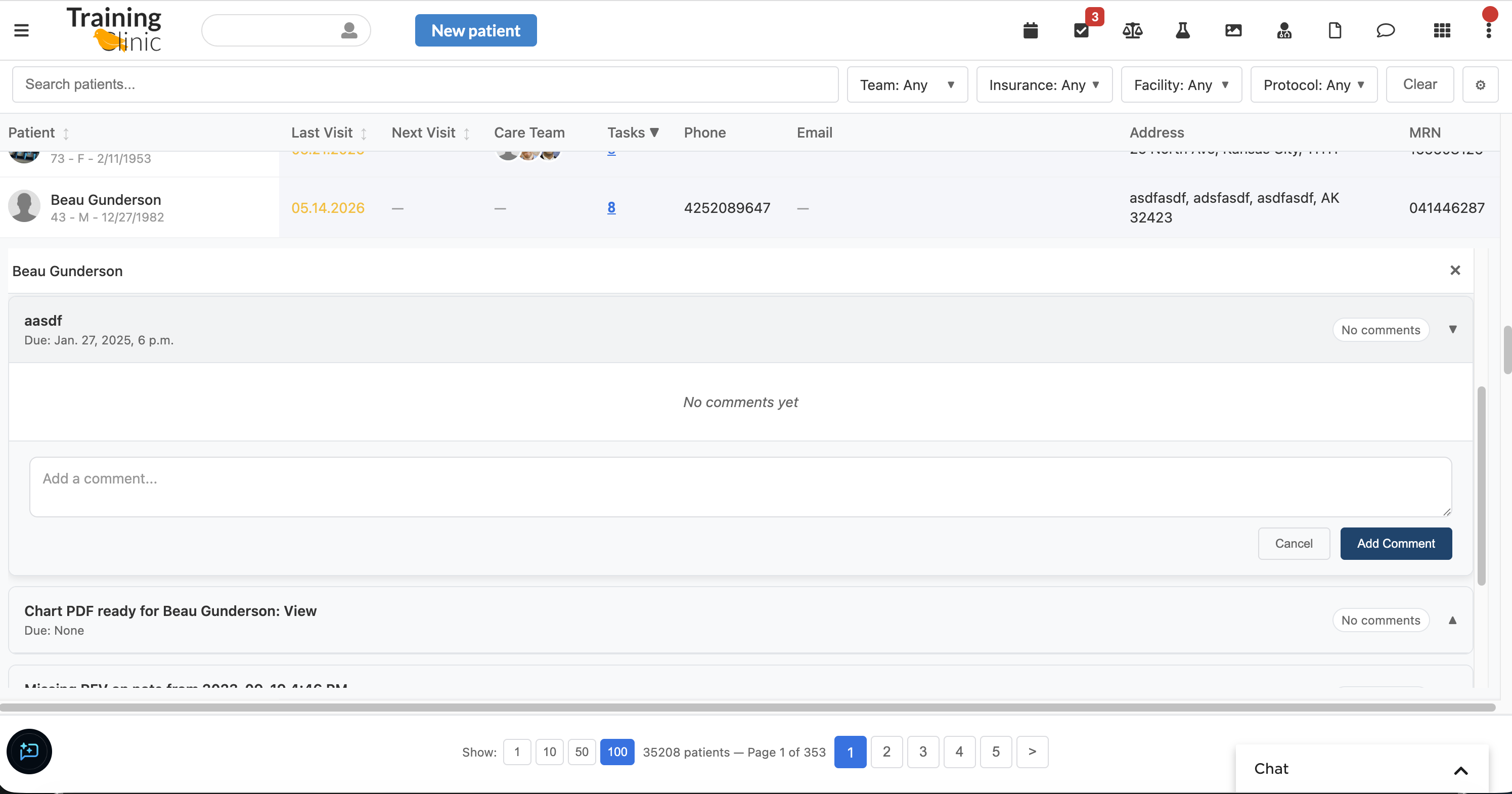 Expand a patient row to see tasks, gaps, conditions, medications, allergies, and referrals inline, including task comment threads.