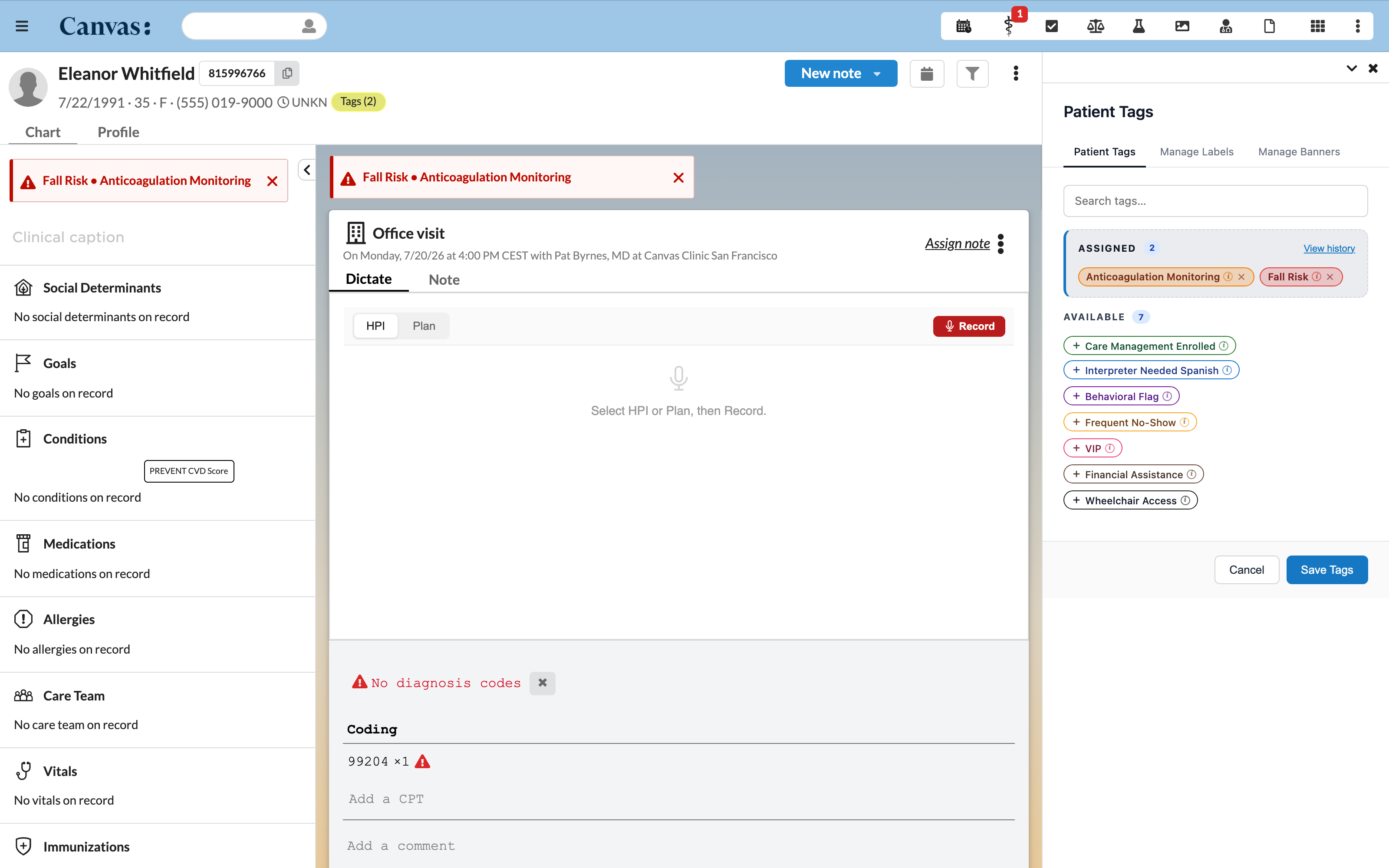 The tag modal open over a patient chart, with a coloured banner raised behind it for the assigned tag.