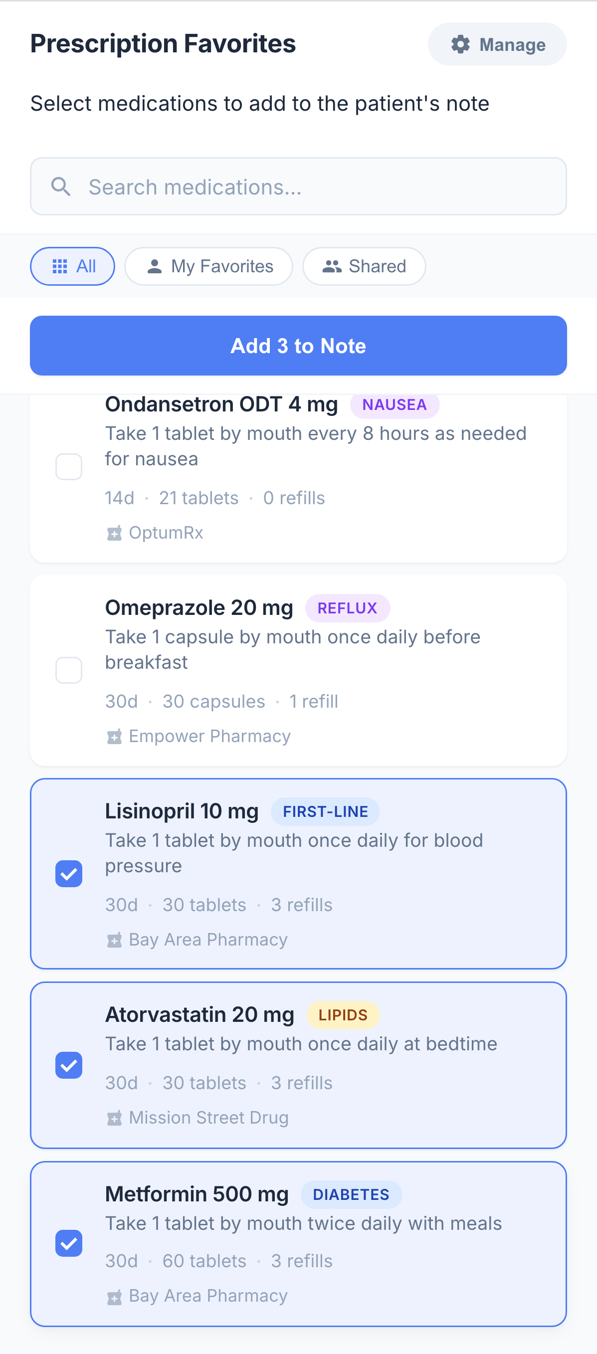 A close-up of the favorites panel, with its multi select list and pharmacy fields.