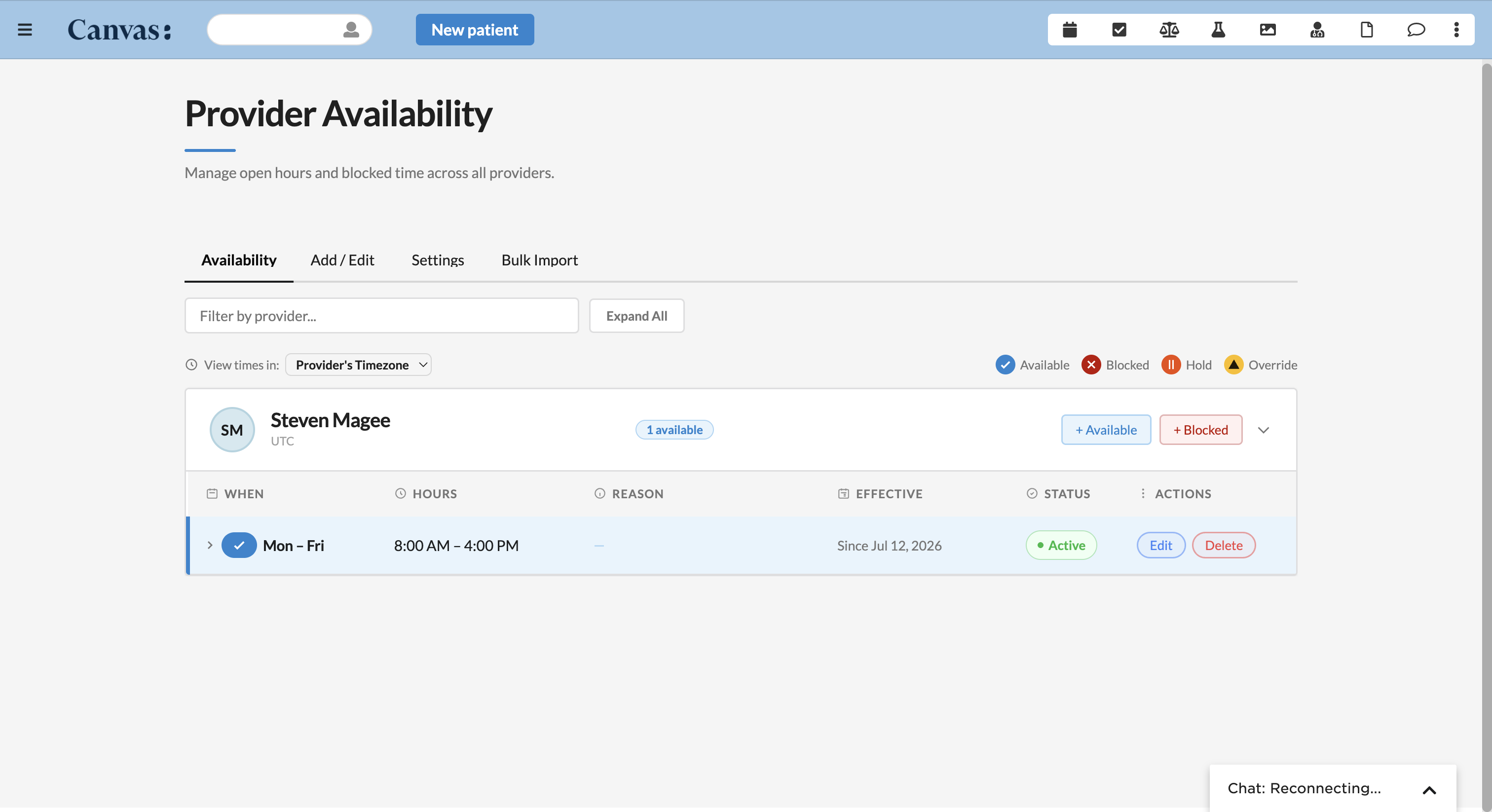 See every provider's open hours, blocks, and holds at a glance, with a color-coded status legend.