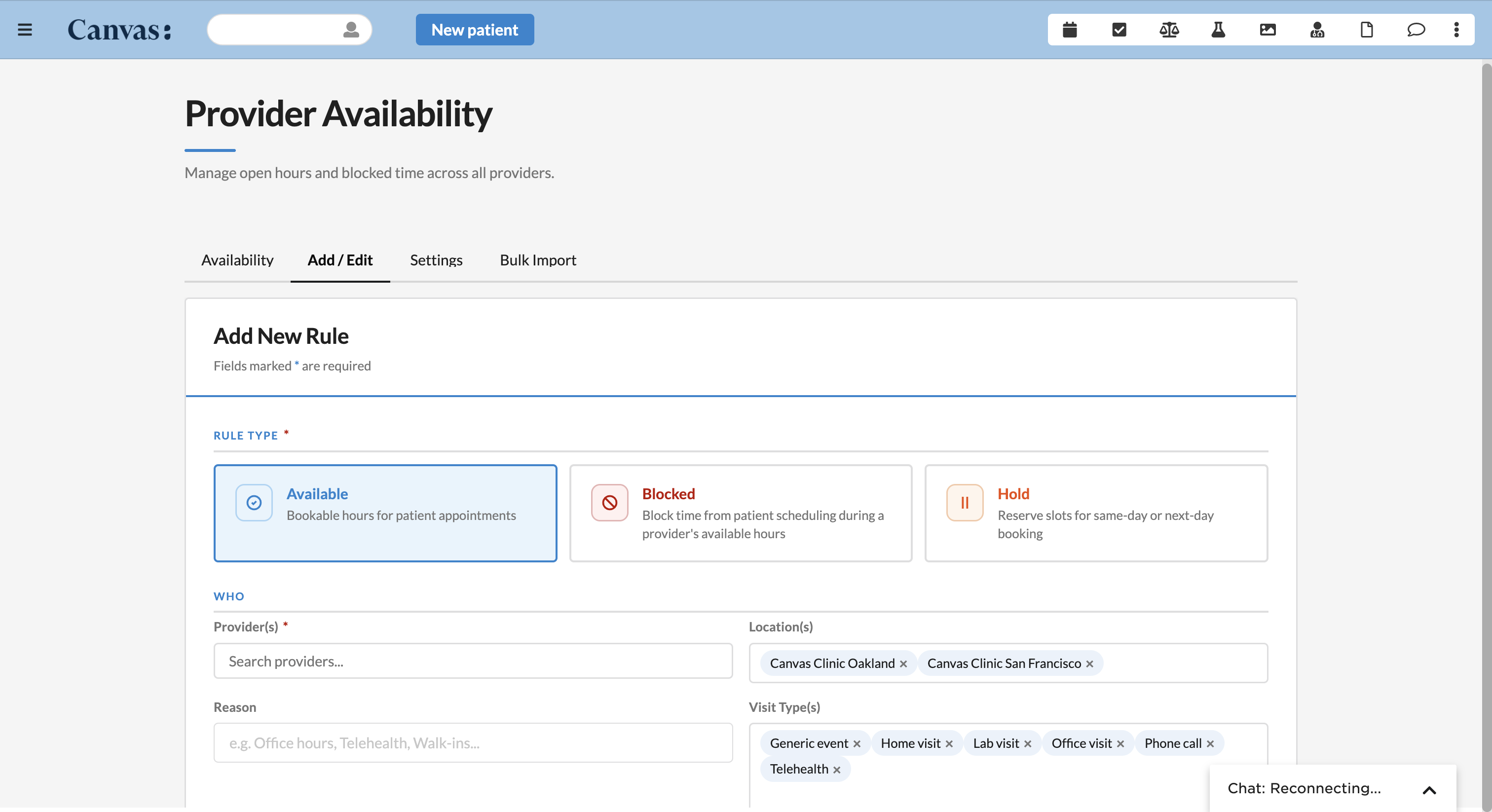 Create a rule — pick Available, Blocked, or Hold, then scope it to providers, locations, and visit types.