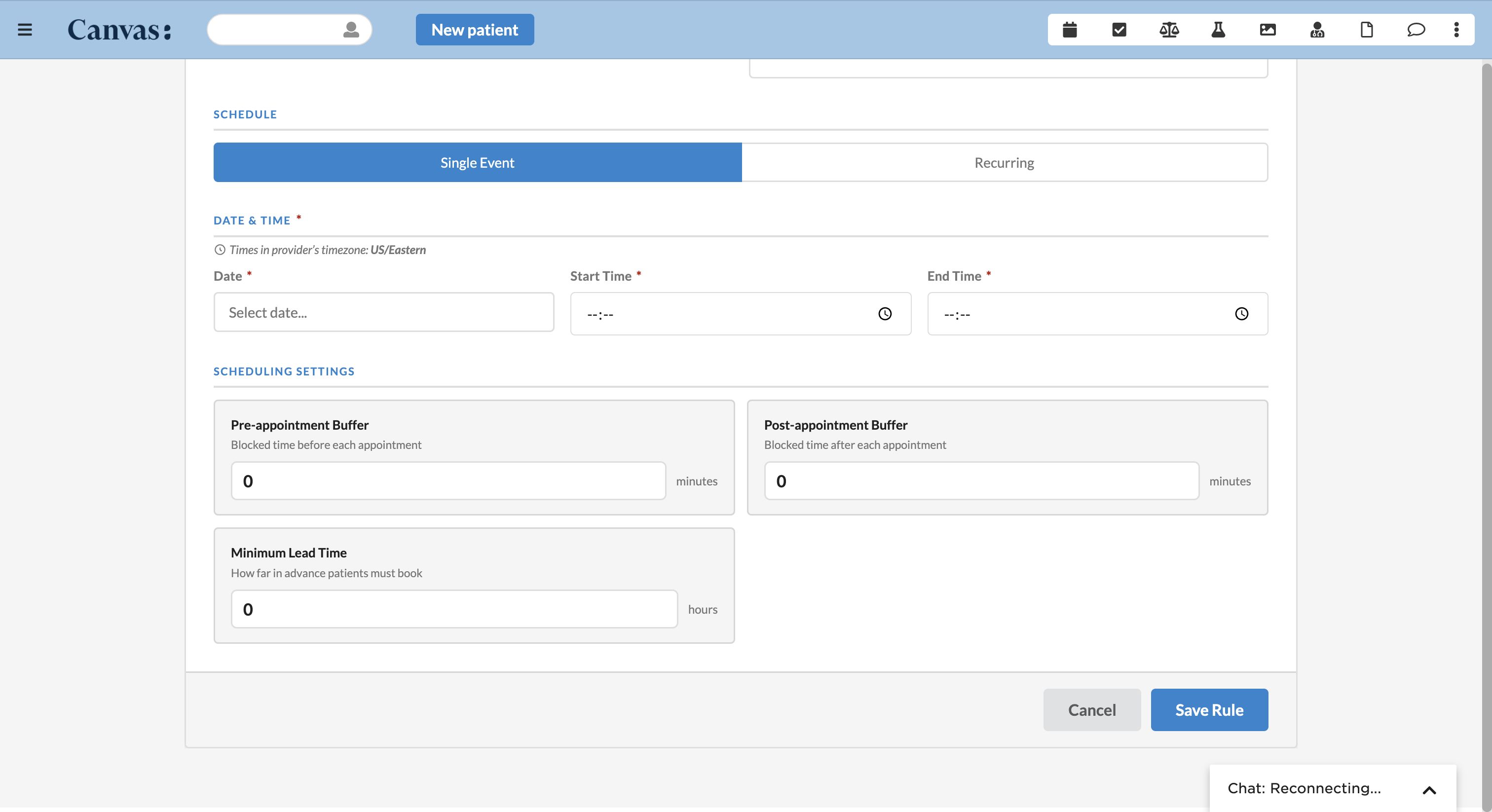 Set single or recurring schedules with pre/post-appointment buffers and a minimum booking lead time.