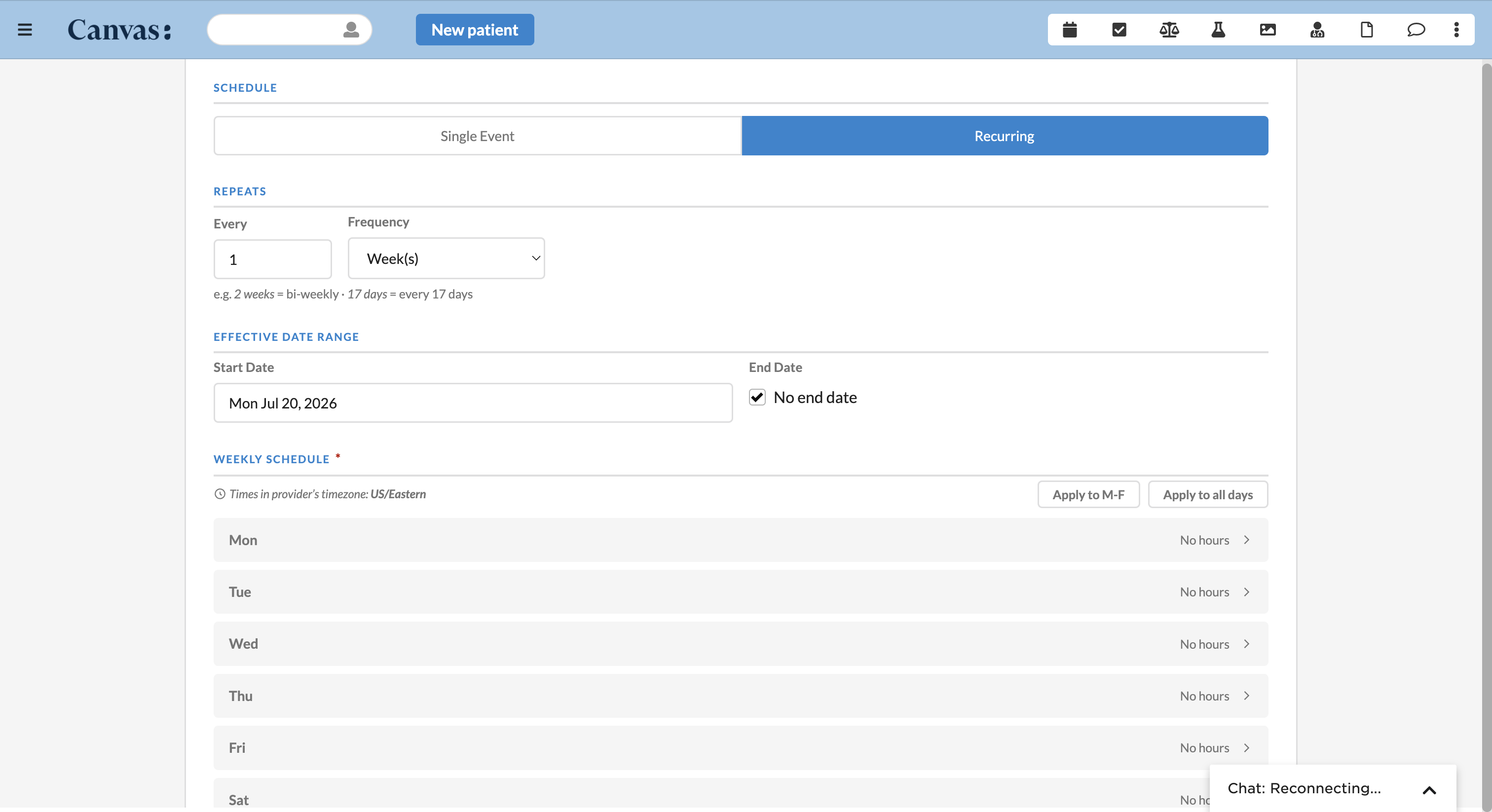 Toggle Recurring for weekly rules — choose the repeat interval, effective date range, and per-day hours.