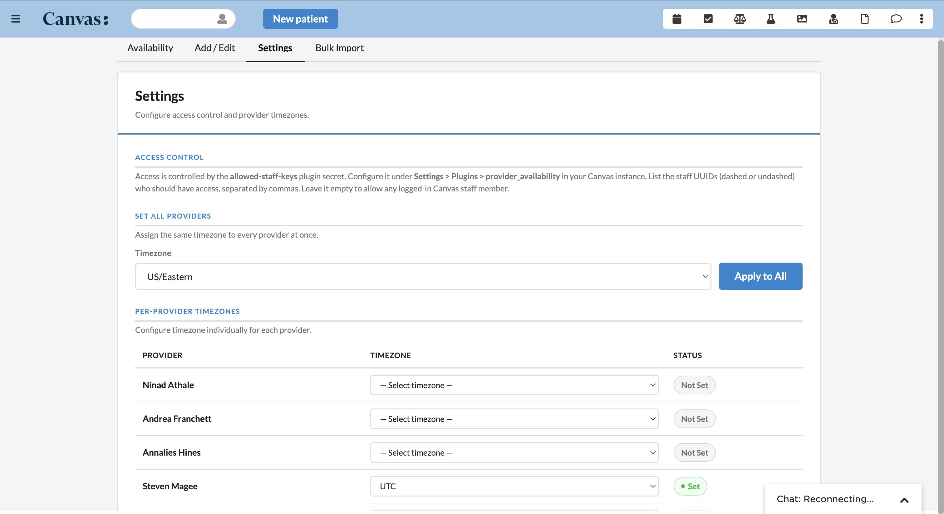 Manage access and assign timezones for the whole practice or per provider.