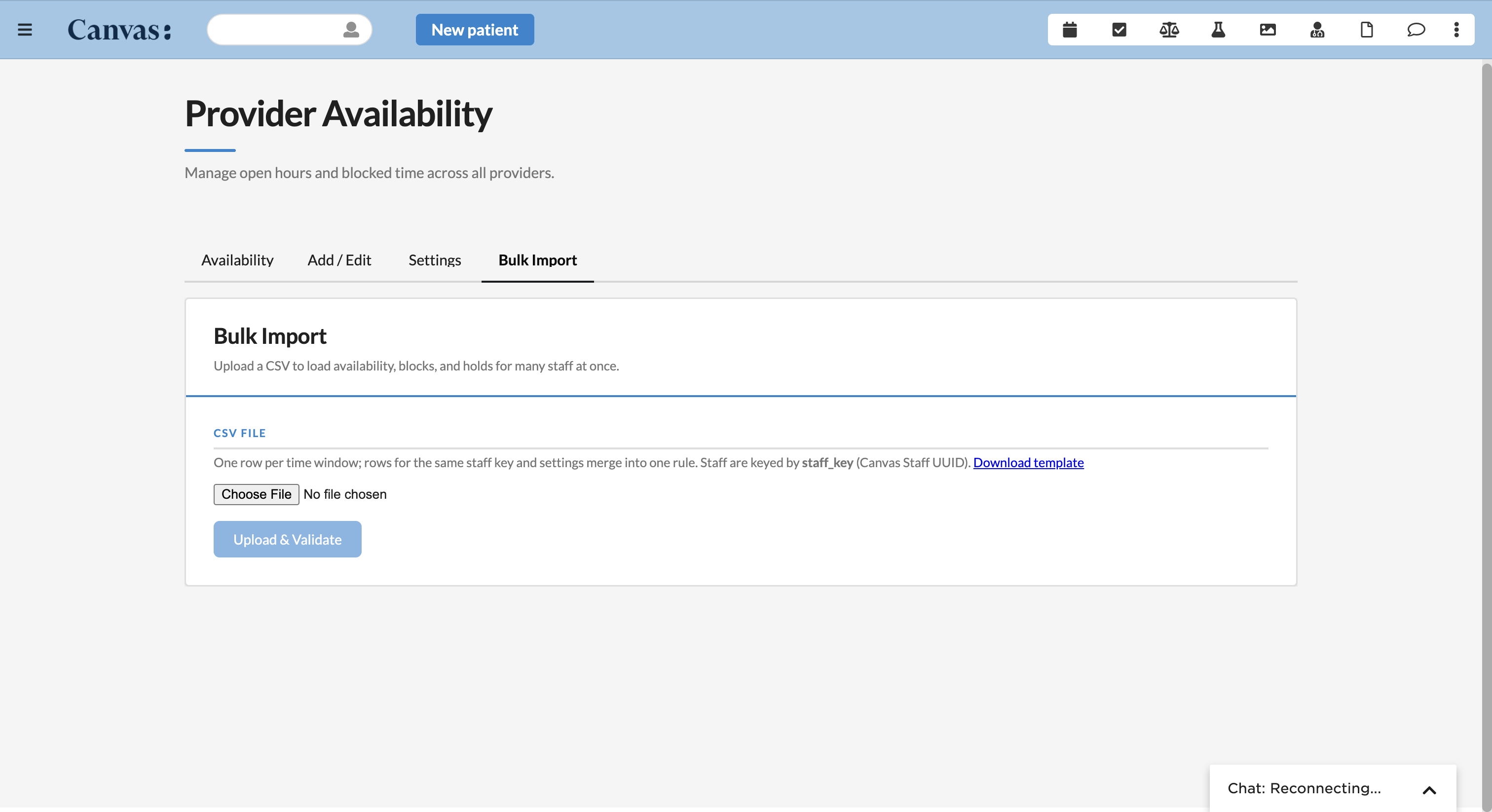 Bulk-import availability for many staff at once from a validated CSV.