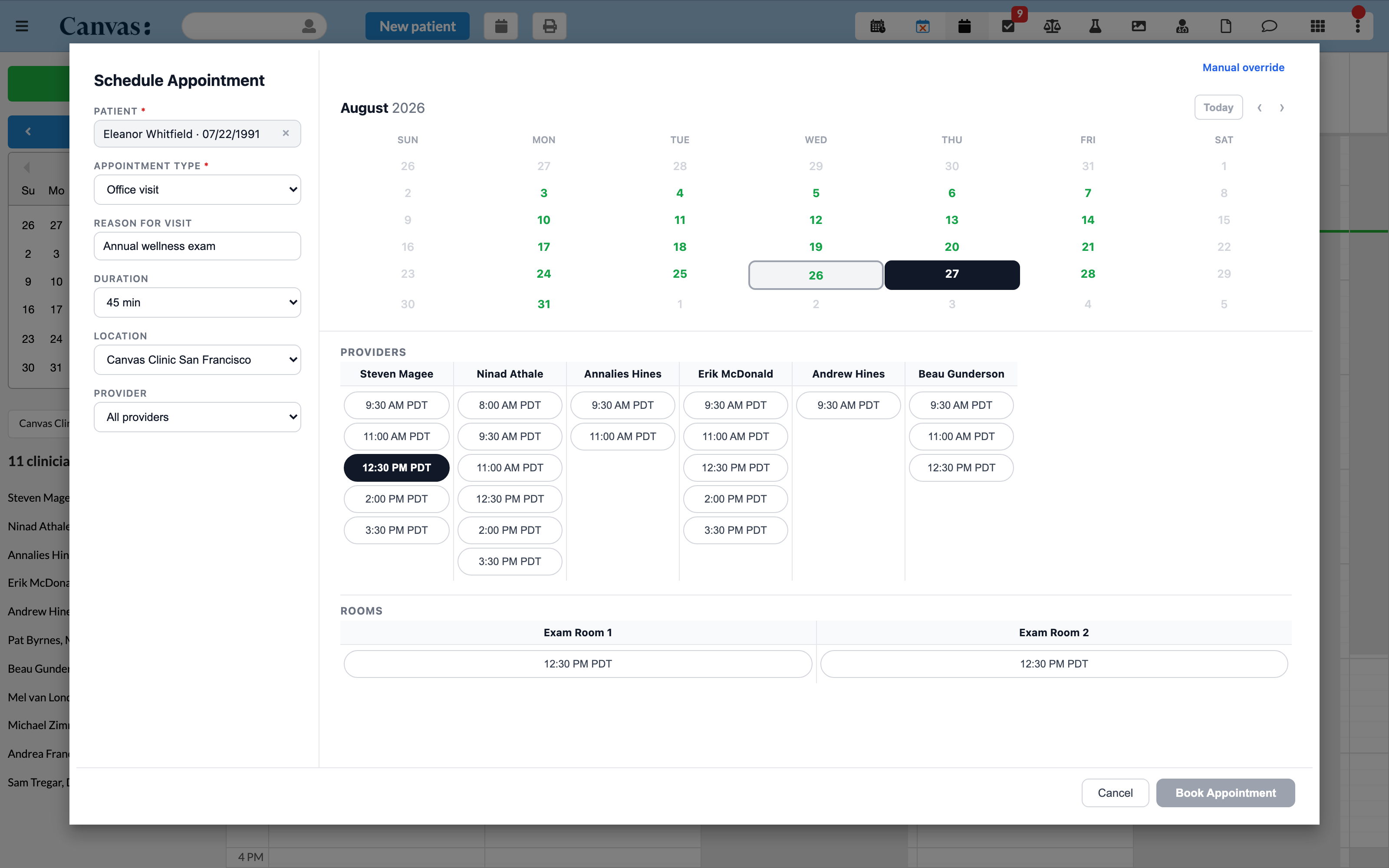 A booking modal reconciling provider and room availability together.