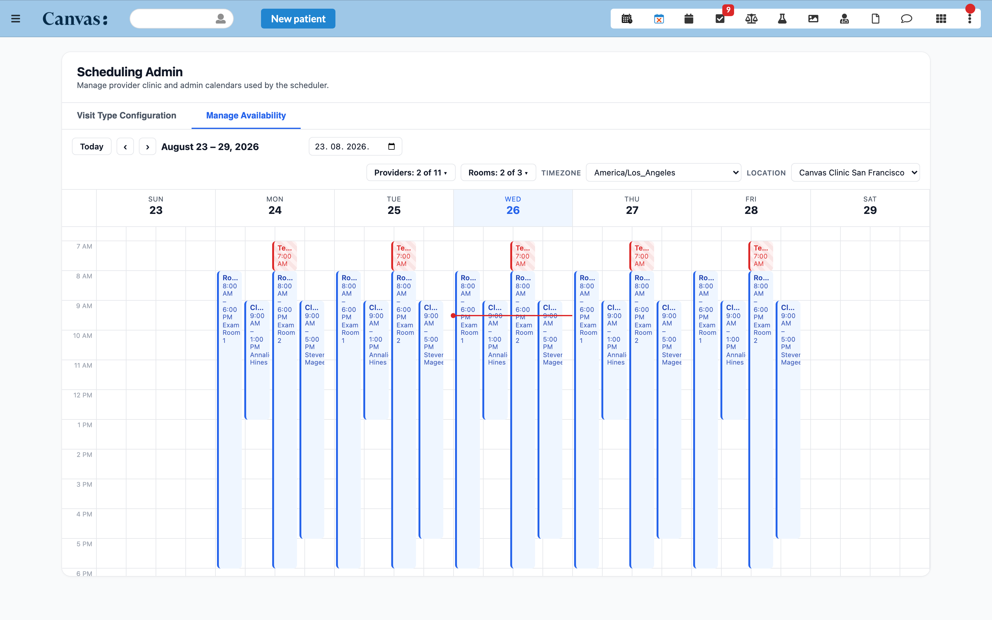 The availability manager, showing provider and room calendars side by side.