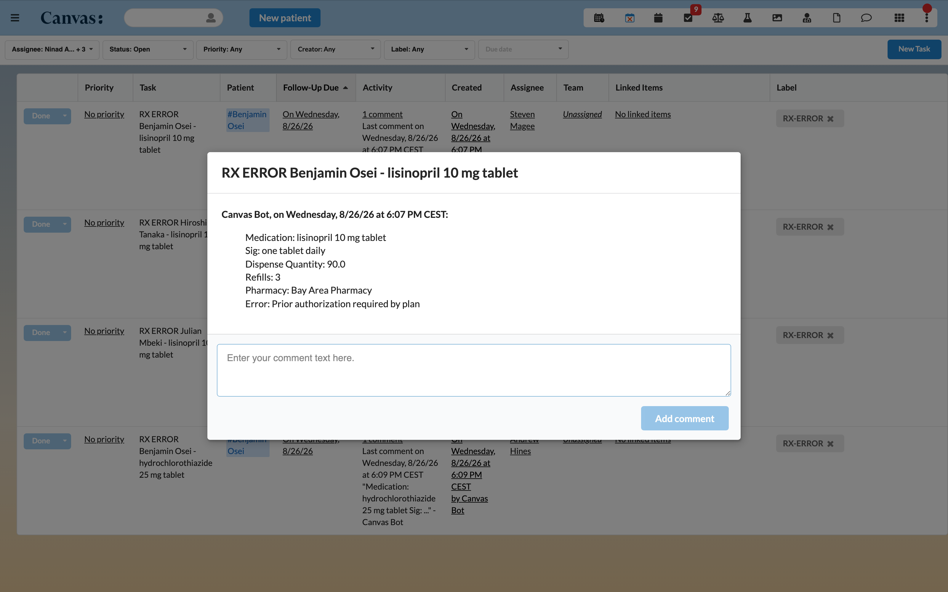 The Canvas task generated for a prescription error, with the prescription detail and the pharmacy's error text in the comment.