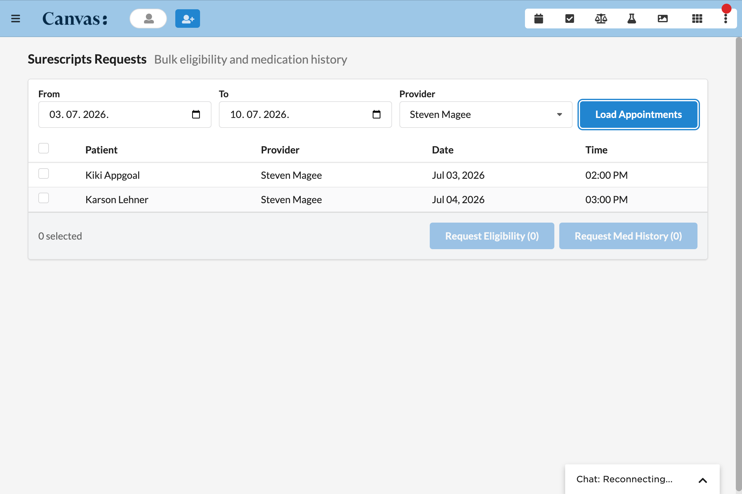 The bulk requests page, running Surescripts eligibility and medication history for a patient set across a date range.