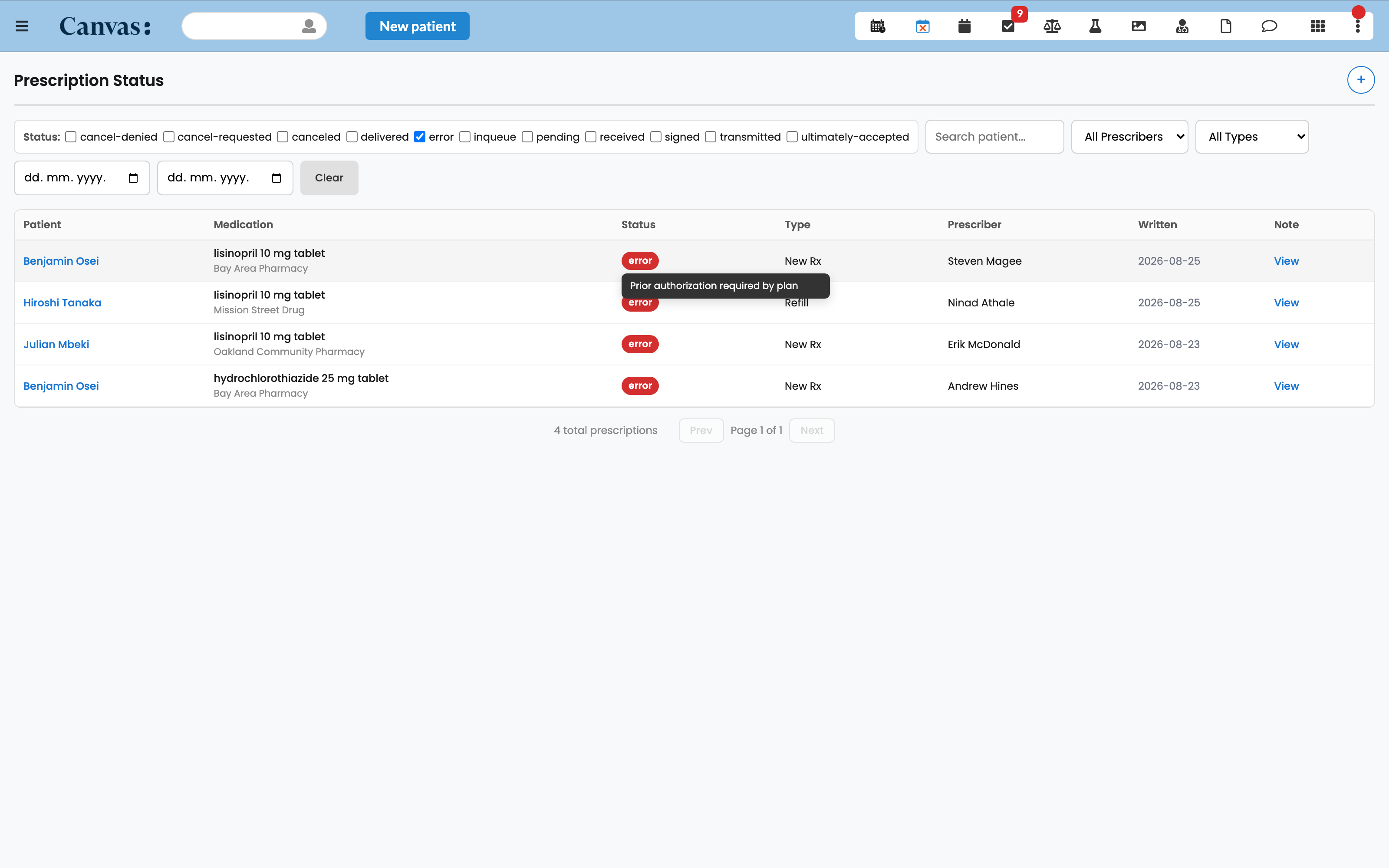 The dashboard filtered to errors, showing patient, medication, pharmacy, status, prescriber, written date, and a deep link, with the pharmacy's error message on hover.