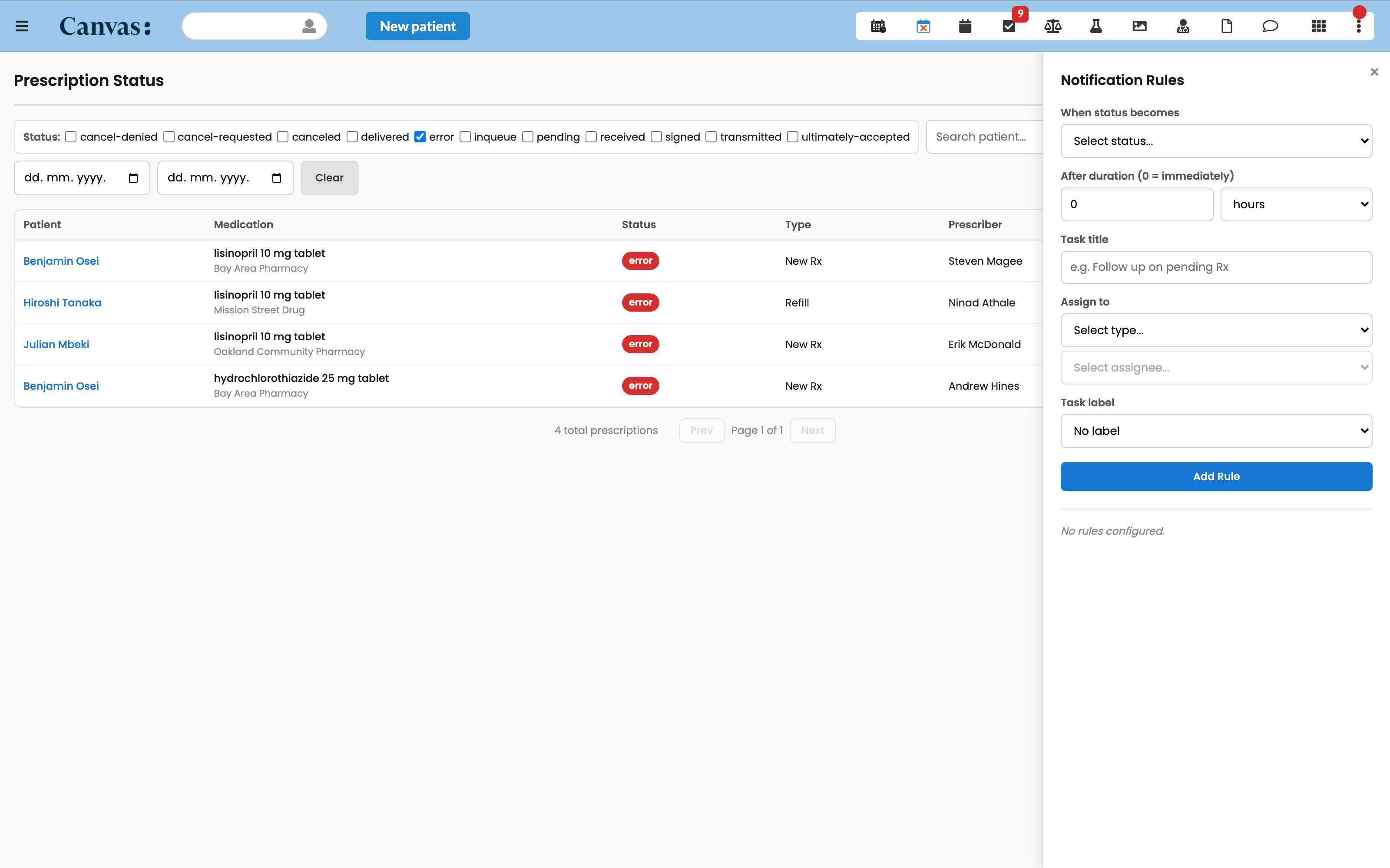 The rules panel, with status trigger, delay, task title, assignee and label fields for turning a status into a follow-up task.