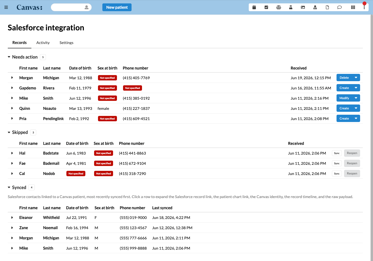 The admin console, reached from the Canvas provider menu - every captured row with its live action verb, plus the Activity ledger and Settings tabs.