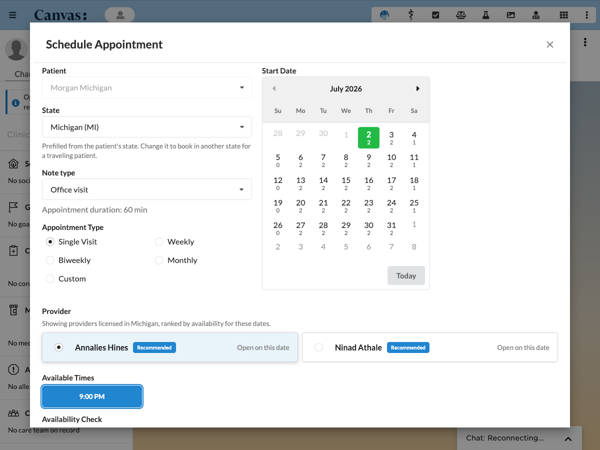 The scheduling modal booking a visit, with recurrence options, providers filtered by state license, and per-day availability counts.