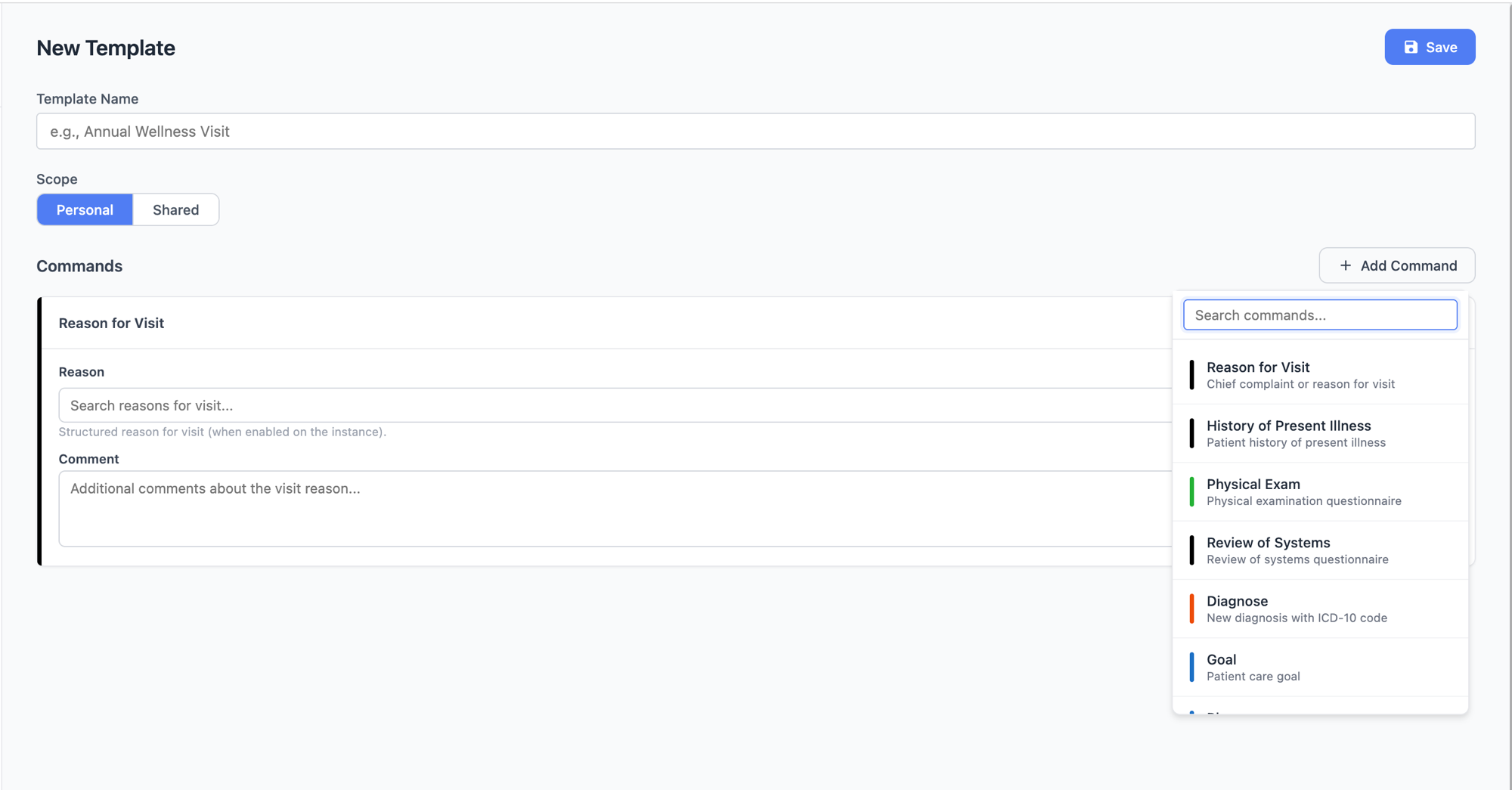 Build a note template by adding commands in the order you want them.
