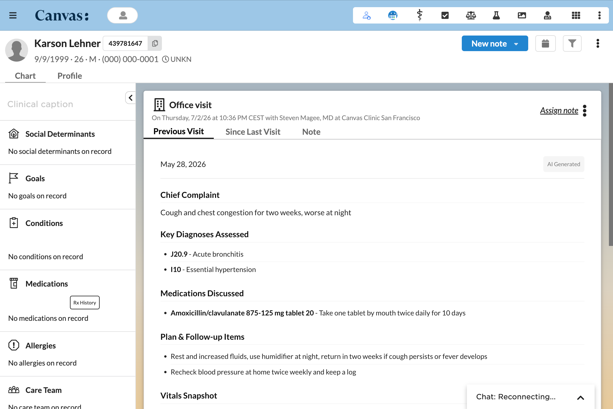 An AI-generated Previous Visit summary shown as a tab in the note, with chief complaint, diagnoses, medications, and plan.